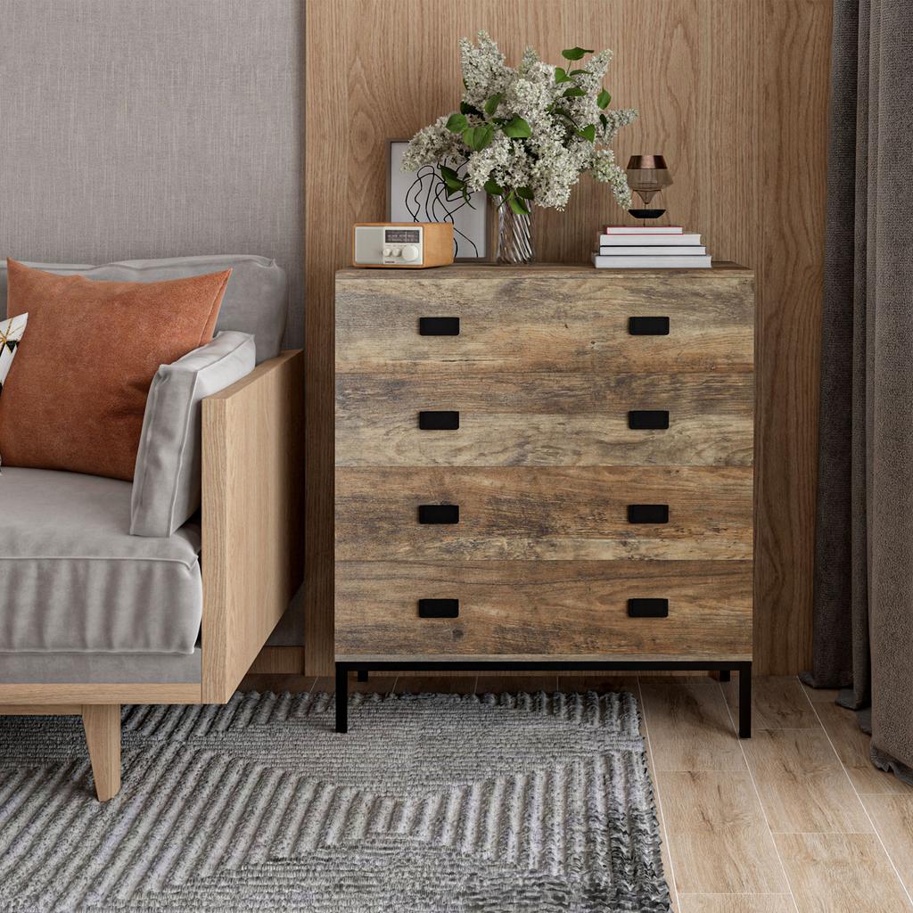 Chest of Drawers, 4-Drawer Storage Organiser Unit with Metal Frame for Bedroom, Living Room, Brown