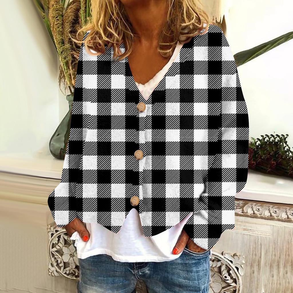 Women's Fashion Short Jacket Casual Long Sleeve Plaid Print Single Breasted Plush Top