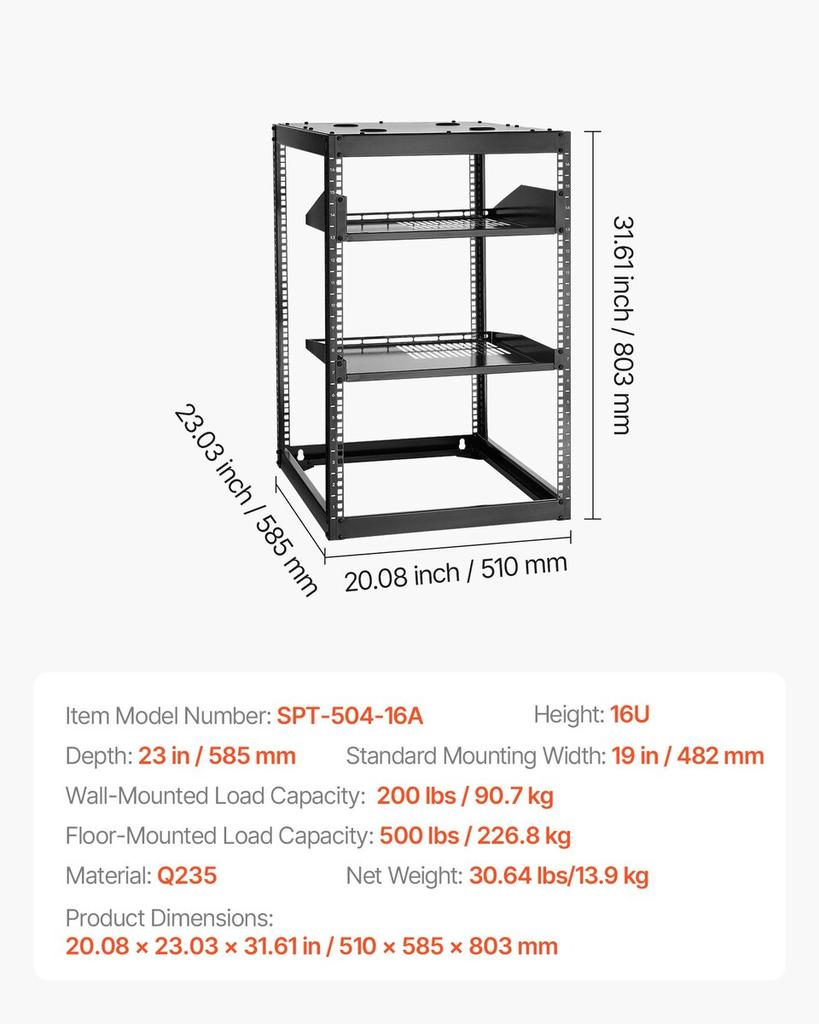 16U Open Frame Network Rack, 585 mm Depth, Wall Mounted or Floor Standing Server Rack, Heavy Duty 4 Post, with Vented Shelves & Mounting Hardware,