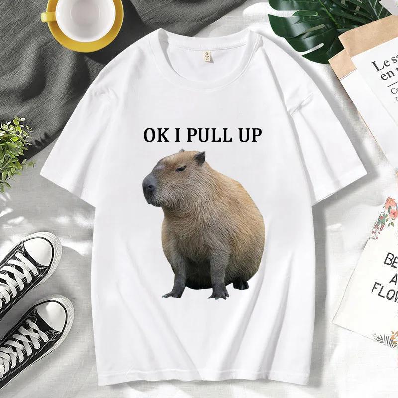 Summer Oversized T-shirt Short Sleeves T-Shirts Streetwear OK I PULL UP Capybaras T-Shirt Women Unisex Tee