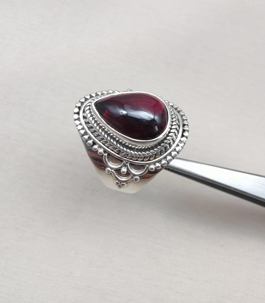 Red Garnet 925 Sterling Silver Ring: Pear Cabochon, Boho Vintage Style January Birthstone