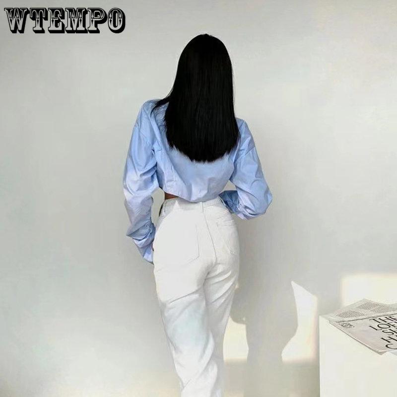 Весенние сине-белые рубашки в корейском стиле с длинными рукавами для девочек, женские укороченные топы на пуговицах с воротником-поло, блузки, уличная одежда