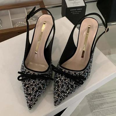 Модные сверкающие туфли на высоком каблуке со стразами, женские сексуальные туфли-лодочки с острым носком и бантом, роскошная дизайнерская обувь для женщин, элегантные банкетные туфли для платья, женские туфли