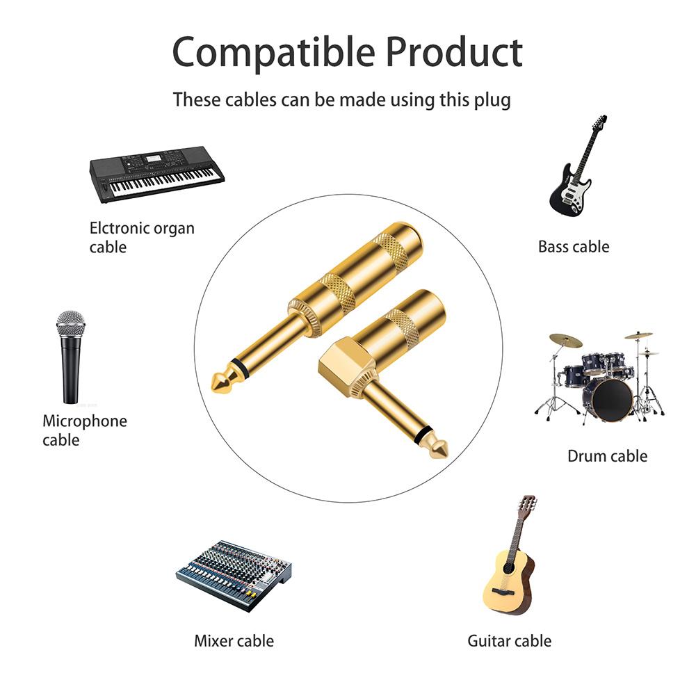 2 шт. 6,35 мм аудио 1/4 дюйма TS штекер DIY мужской прямой головка 90 градусов угловой штекер