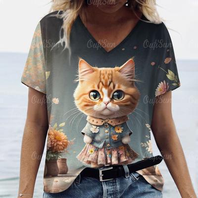 2024 летние женские футболки с v-образным вырезом, балетные, повседневные пуловеры с милым кошачьим принтом, свободные футболки больших размеров с короткими рукавами, женская одежда