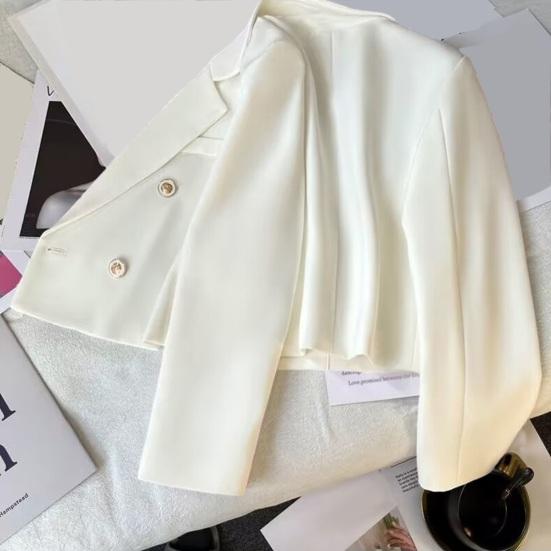 Осенний женский укороченный пиджак с длинными рукавами и лацканами, двубортный однотонный приталенный костюм, пальто, уличная одежда