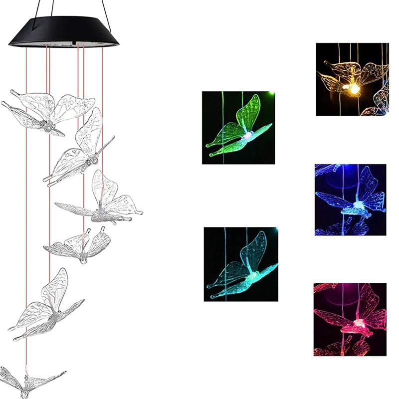 Solar Lights Outdoor Butterfly Dragonfly Hummingbird Wind Chimes Color Changing Waterproof Solar Powered Led Wind String Lights Hanging Lights