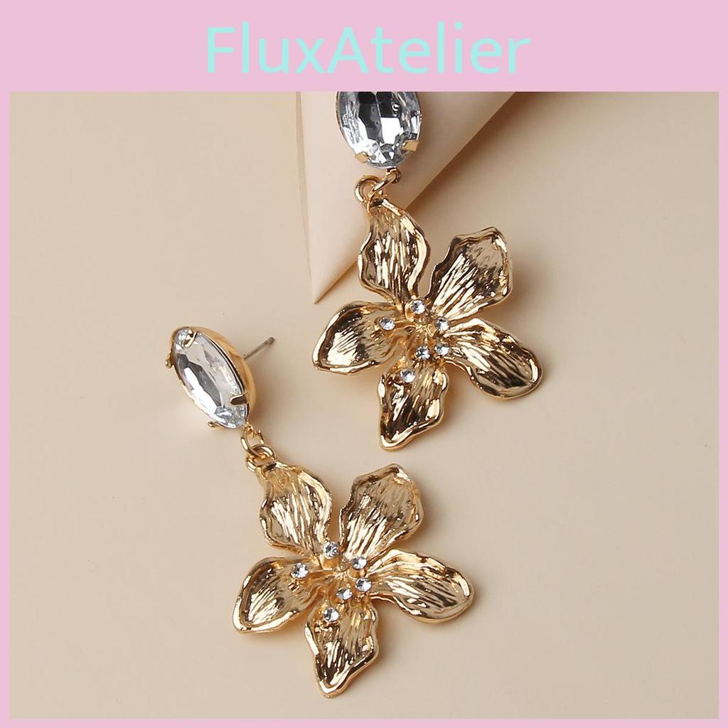 Metallic Gold Flower Earrings With Decorative Stones For Womens Fashion And Celebration