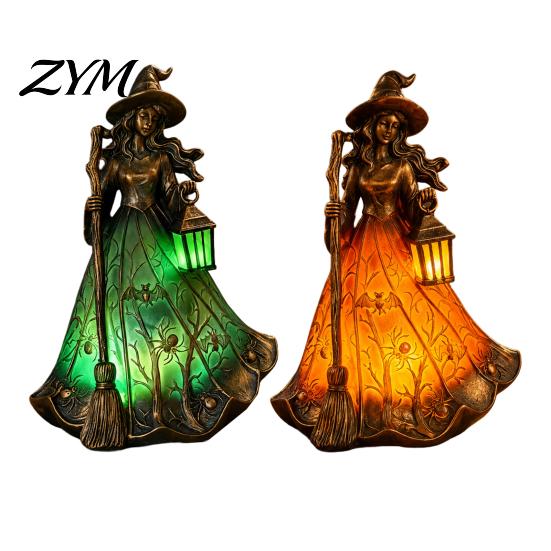 Dark Aesthetic Home Ornament Halloween Witch Tabletop Lamp, Gothic Night Light with Broom & Lantern, Decorative Resin USB Powered Spooky Ambient