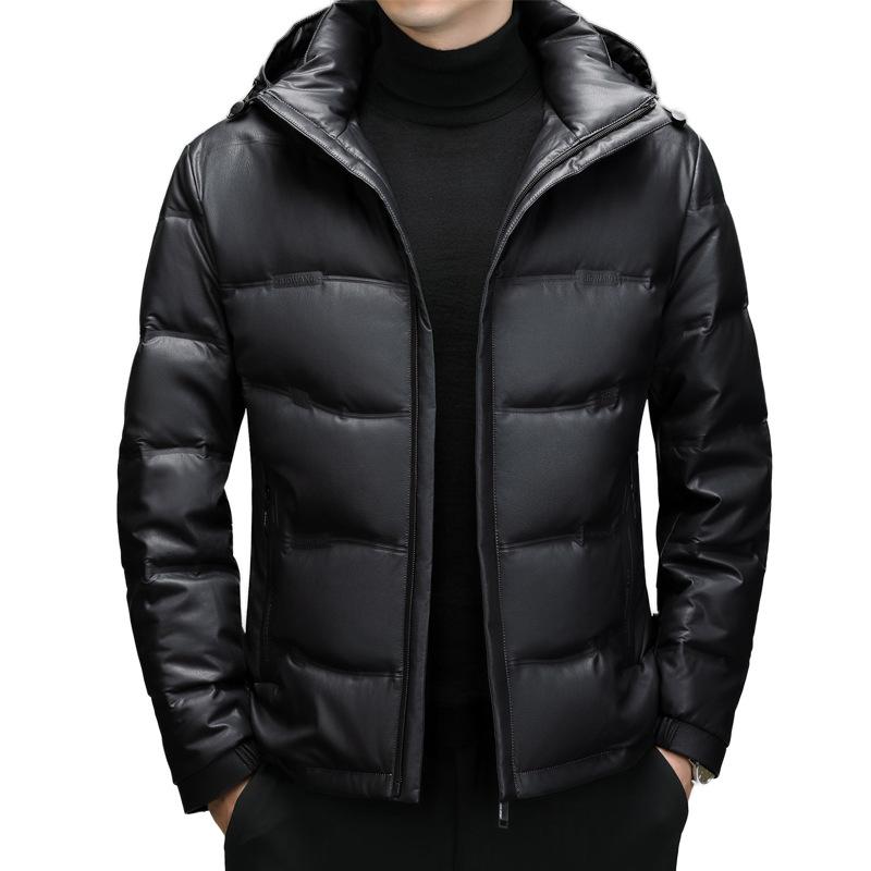 Кожаная куртка-пуховик с капюшоном, мужская зимняя утолщенная белая кожаная куртка на утином пуху, термокуртка
