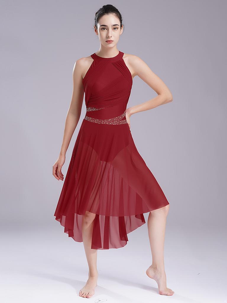 Женский лирический балетный купальник для бальных танцев, танцевальная одежда, блестящие стразы, рюши, современное платье, костюм для фигурного катания, гимнастики