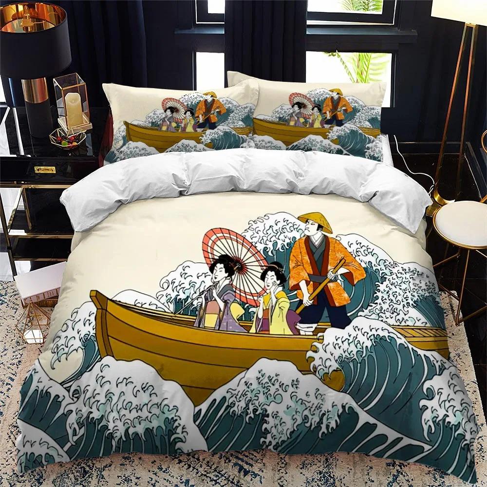 Japanese-Style Duvet Cover Set King Queen Full Size Ukiyo-e Theme Wave Pattern Polyester Bedding Set Fuji Mountain Exotic Style