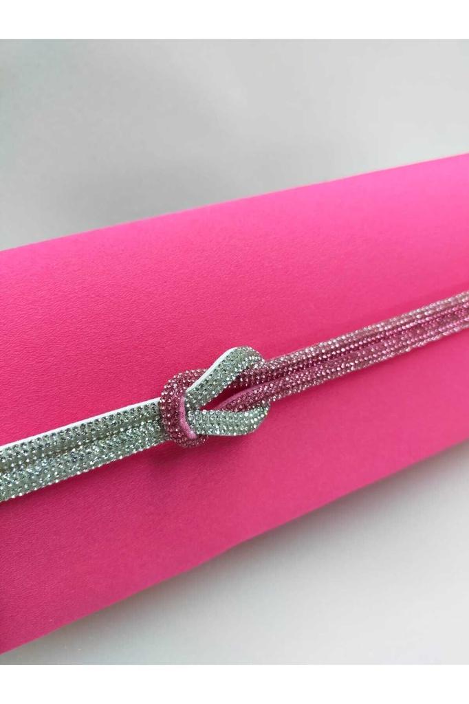 Women's Stylish and Useful Evening Dress Bag Fuchsia Matte Satin Double Color Knot Stone Evening Bag