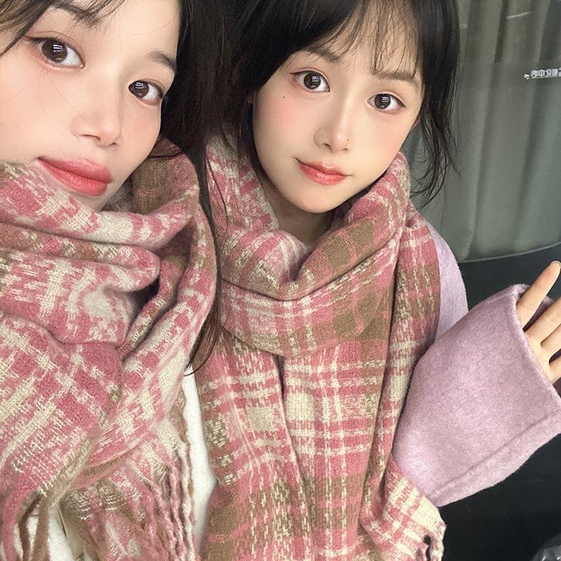 Plaid Scarf Women's Korean Style Warm Atmosphere New Dry Rose Pink Whitening Soft Tassel Shawl Scarf