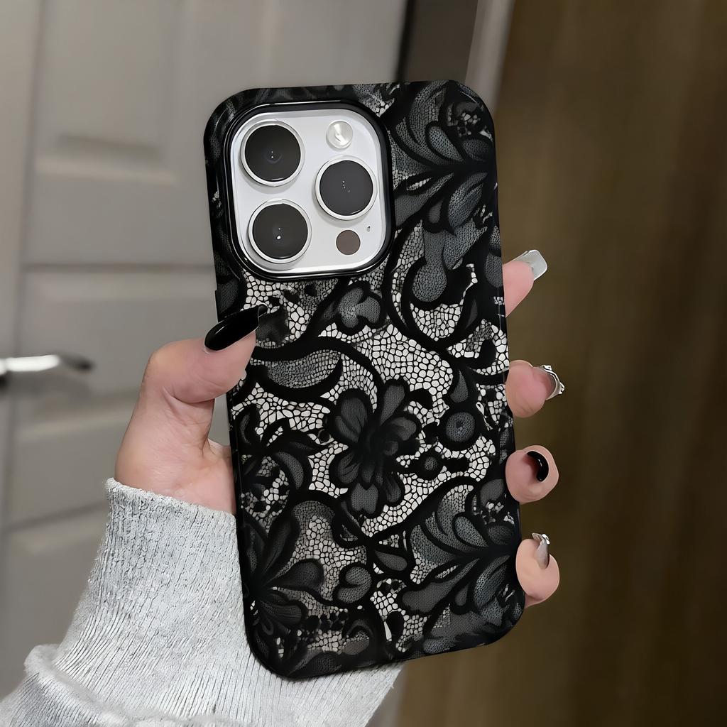 Luxury Black Lace Pattern Phone Case For IPhone 17 16 Pro Max 15 14 Plus 13 12 11 Pro Air Protective Soft Elegant Vintage Cover