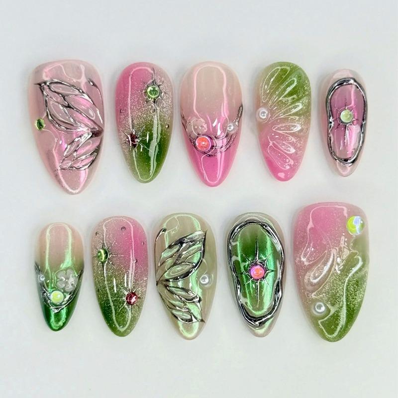 24 шт. Аврора Пурпурно-зеленый Градиент Французские Накладные Ногти Металлический Серебряный Бабочка Звезда Сладкие Крутые Накладные Ногти Высококачественные Носимые