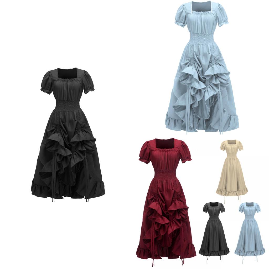 Vintage Renaissance Square Neck Short Sleeve Dress Medieval Pastoral Cosplay Dress