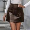 Women Autumn Solid Color Patch Pocket PU Leather Skirts