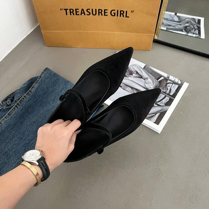 Модные новые зимние женские туфли Мэри Джейн, ретро-балетки с острым носком, замшевые балетки с одной пряжкой на низком каблуке из французского шелка, женские свадебные туфли
