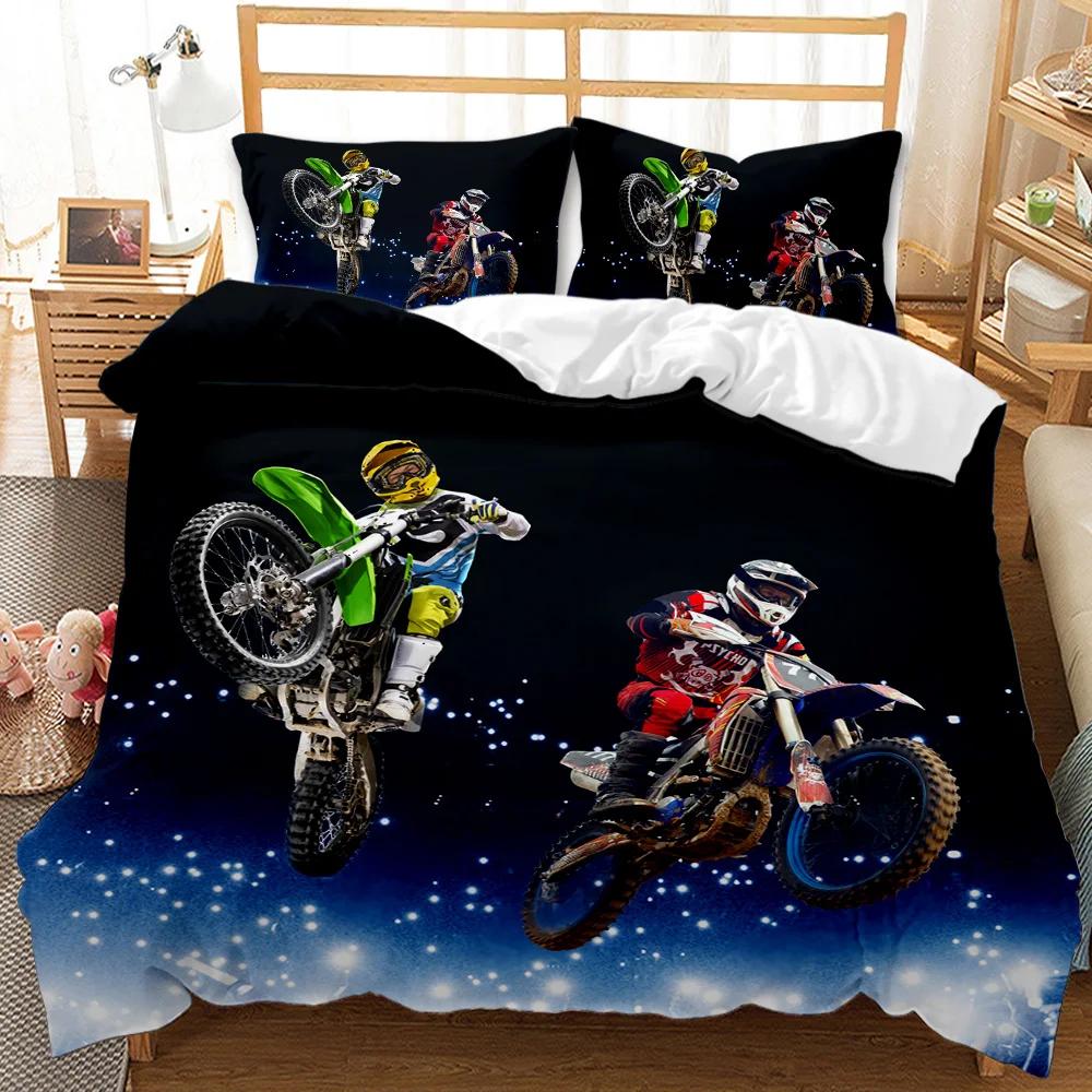 Motorcycle Duvet Cover Set Motocross Racing Bedding Dirt Bike Extreme Sports For Men Teens Boys Kids Polyester Comforter Cover