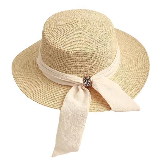 Straw Hat Lightweight Breathable Flat Top Wide Brim Sun Protection Hat Metal Buckle Ribbon Decorated Hat Summer Beach Hat