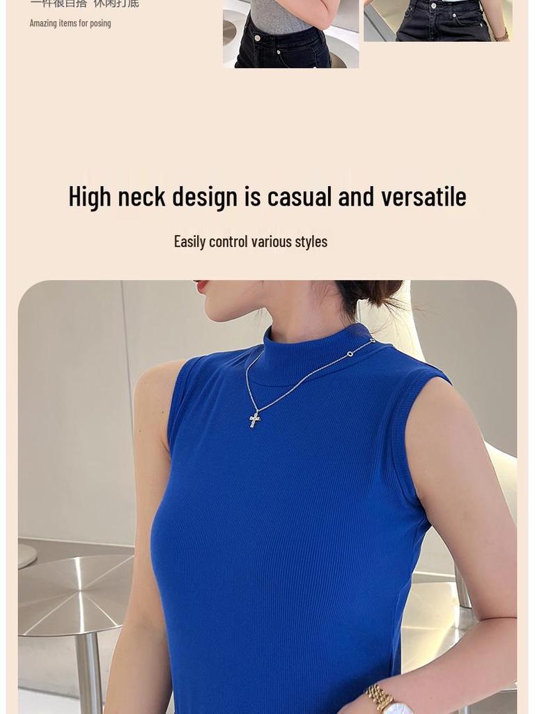 Женский облегающий хлопковый жилет без рукавов с полувысоким воротником - Летний топ однотонной расцветки