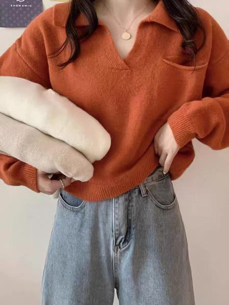 Women's Retro V-Neck Knitted Pullover Sweater - Soft Wool, Loose Fit, Autumn Style Jacket