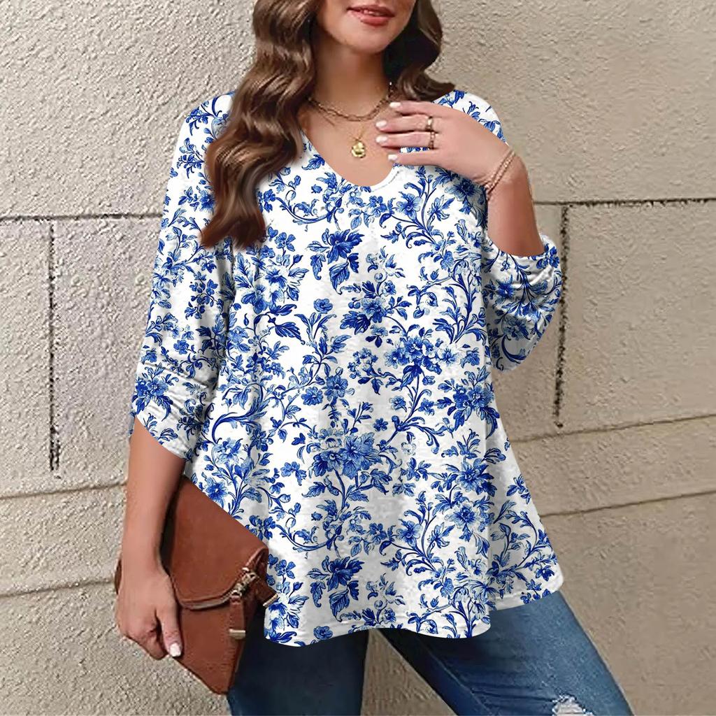 Women's Plus Size Fashion Printed Casual Pleated Round Neck Long Sleeve Top