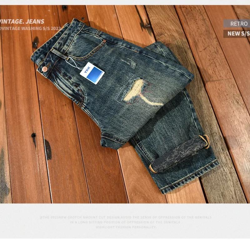 Ретро-стиль, синие джинсы для мужчин, уличная одежда, рваные джинсы 2000 года, повседневные мешковатые джинсовые брюки, хипстерские модные мужские брюки