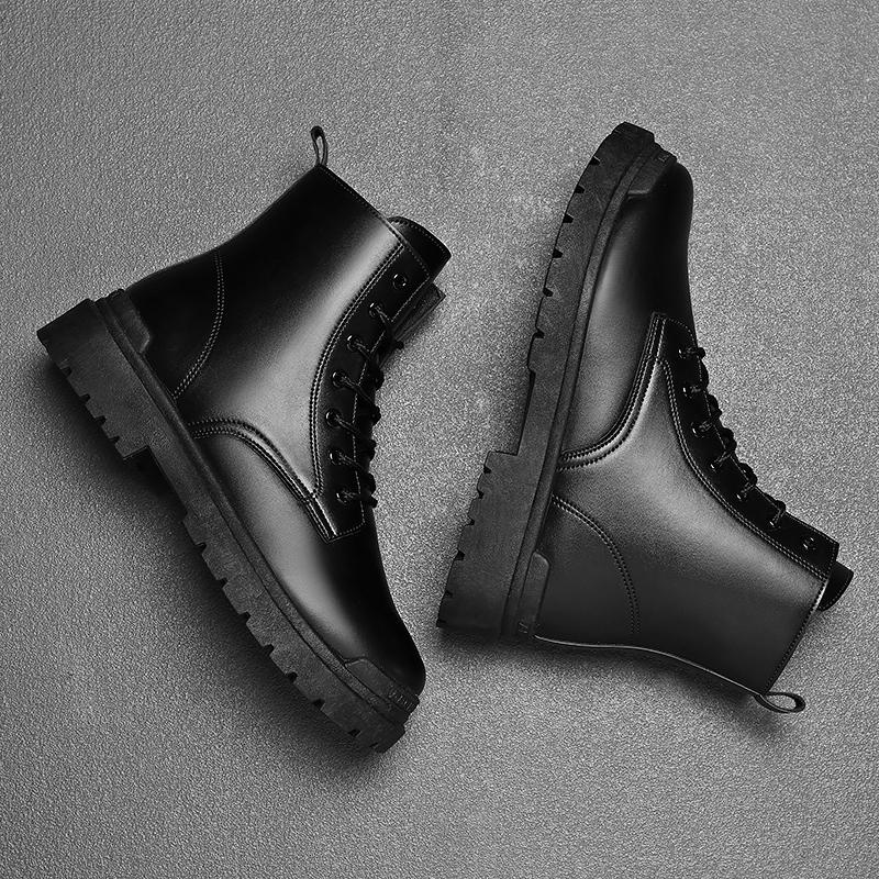 Fashion Black Men Leather Boots Winter Warm Mens Ankle Boots Outdoor High Top Casual Shoes with Fur Lace-Up Leisure Work Boots