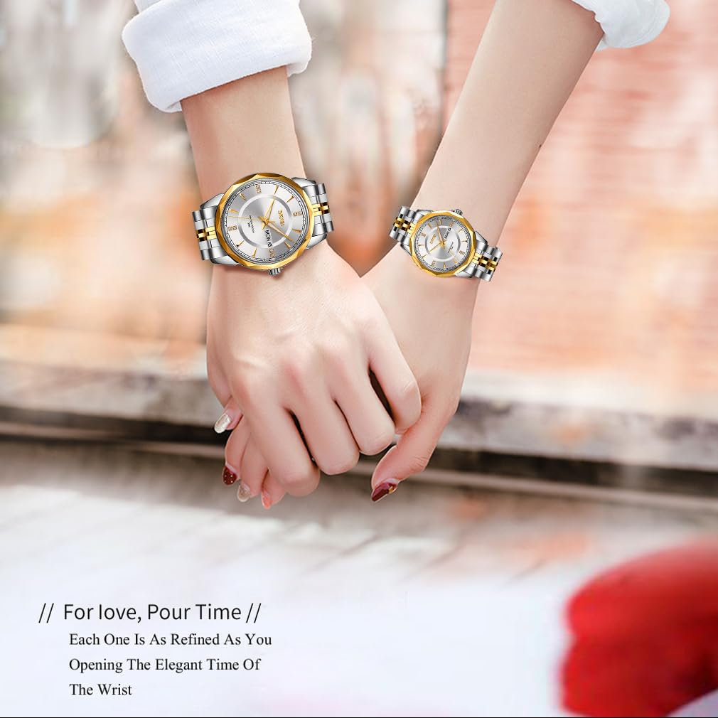 SKMEI Пара Парные часы Парные часы Набор парных часов Классические золотые серебряные часы из нержавеющей стали Водонепроницаемые деловые роскошные брендовые настоящие серебряные мужские часы