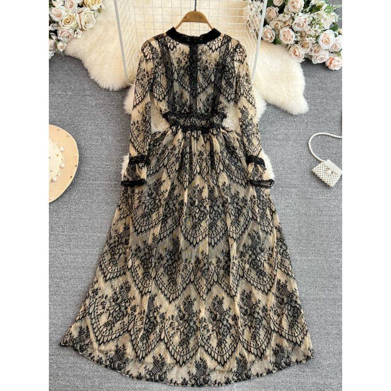 Long Sleeves Stand Collar A- line Dress Elegance Wide Hem Lace