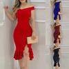 Formal Dress Ruffles Split Summer Solid Color Waist Tight Dress for Wedding