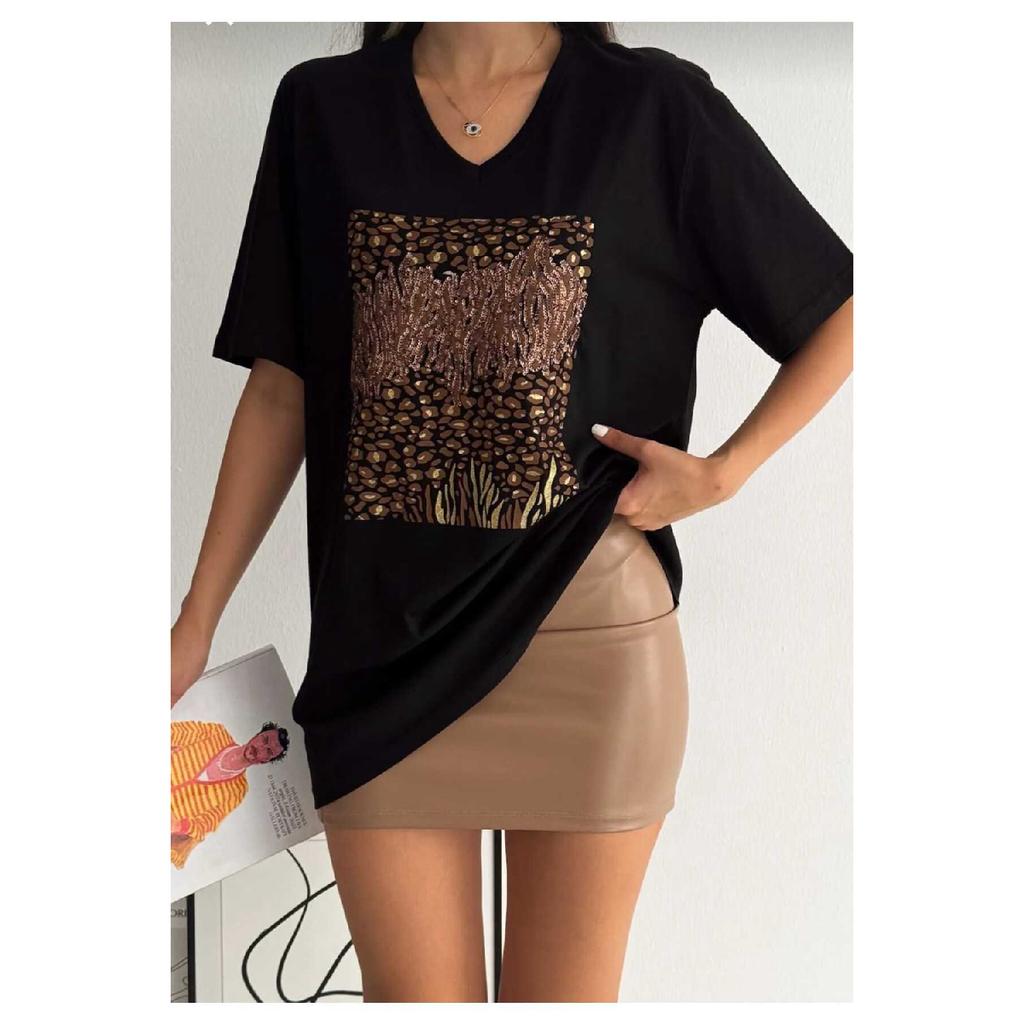 Женская черная футболка из 100 % хлопка с v-образным вырезом и вышивкой пайетками больших размеров