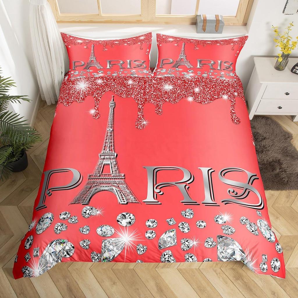 Watercolor Blue Sequin Duvet Cover Queen King Size Girls Teen Bedding Set Eiffel Tower Ombre Diamond Quilt Cover Home Decor