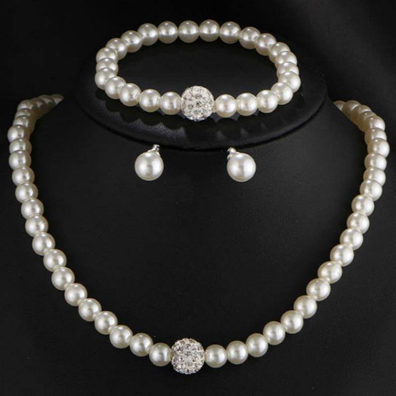 Womens Bride Wedding Set Faux Pearl Necklace Bracelet Earrings