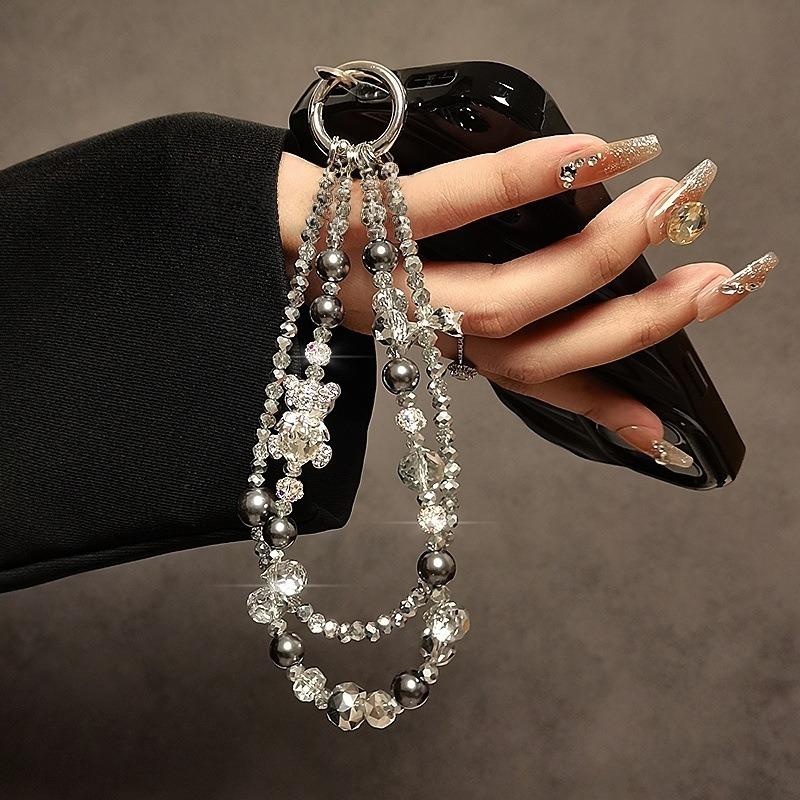 Luxury and Sophisticated Beaded Crystal Phone Charm Stylish Rhinestone Cartoon Bear Phone Lanyard Short Handbag Chain. 1