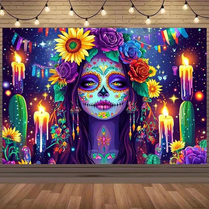 Magic Starry night scene background cloth - Bright sunflowers, candles and purple roses - Death Day inspired party decoration
