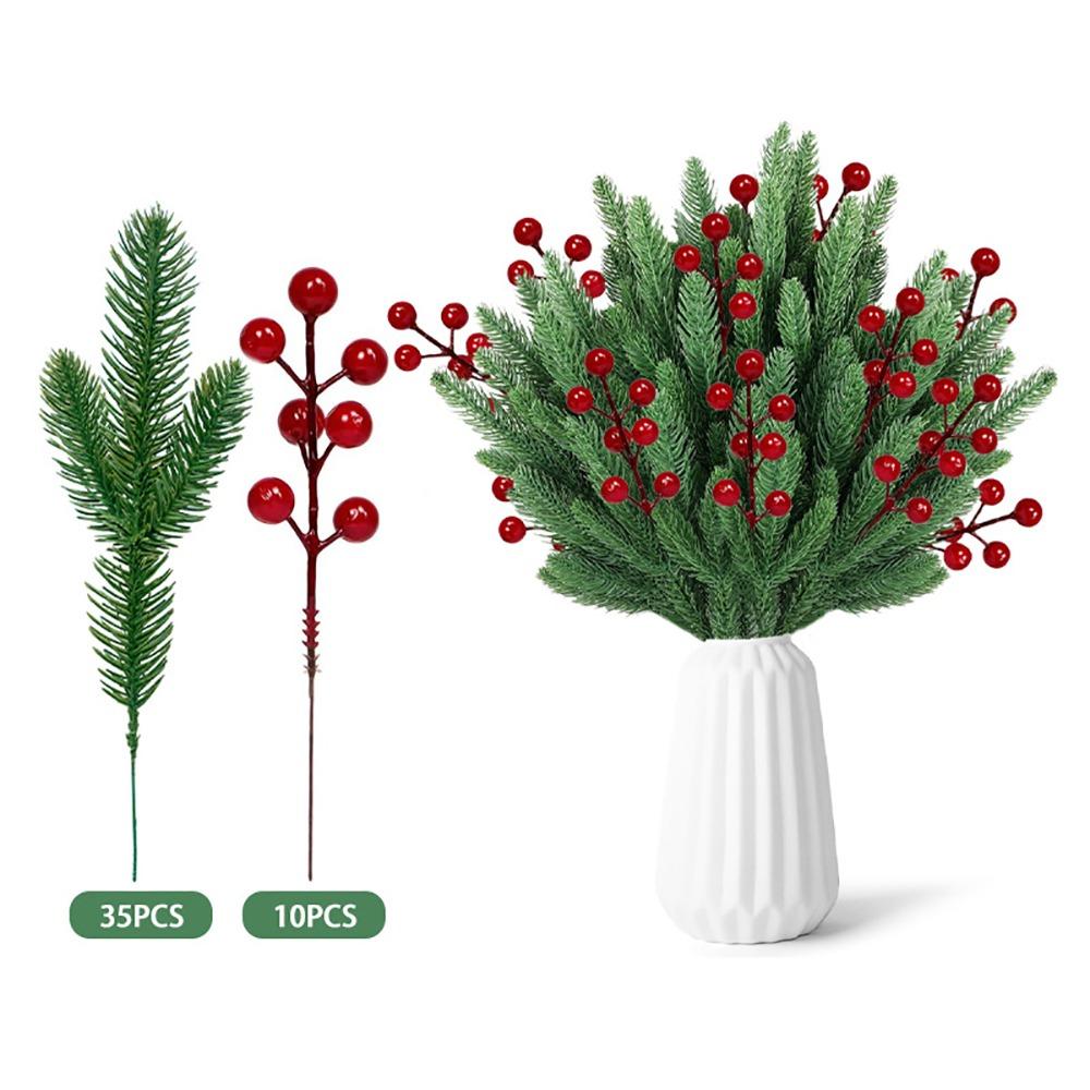 Red Berries Christmas Artificial Pine Branches Plastic Greenery Leaves Fake Cedar Pine Accessories DIY Faux Pine