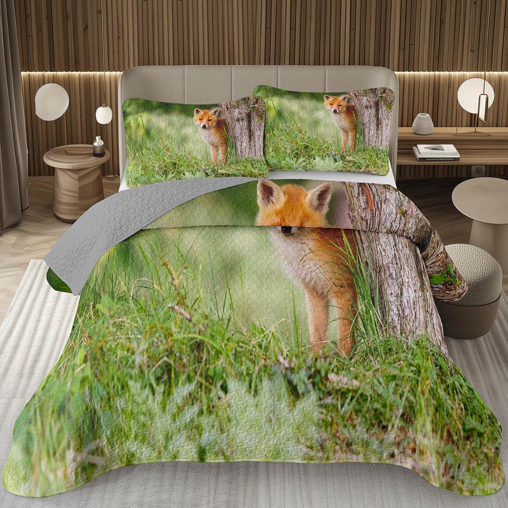 Кавайный комплект покрывала 2/3 предмета с лисой, лесное животное, двустороннее стеганое покрывало, природа, лесной, лисы, стеганое покрывало для спальни девочки-подростка