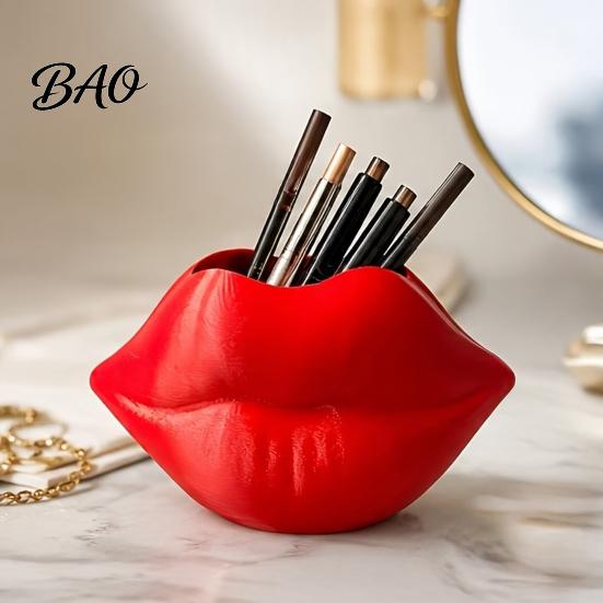 Fashionable Cosmetic Organizer Lip Shaped Storage Holder, 3D Printed Red Sculpture Vase, Artistic Small Item Box Desktop for Makeup Brushes