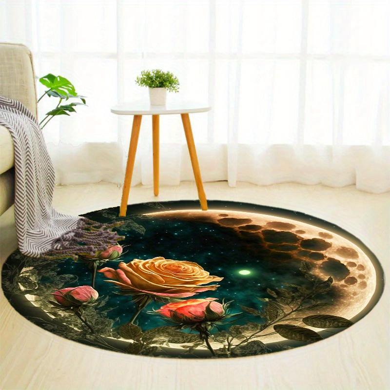 Night Rose Flower Round Rug Nonslip Area Rug Office Chair Mat Carpet For Living Room Bedroom Home Decor