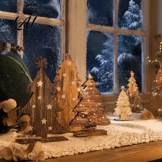 Rustic Holiday Desktop Decorations Wooden Christmas Tree Table Decoration Pine Tabletop Centerpiece Vintage Style Room Decor Farmhouse Tiered