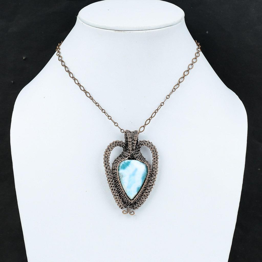 Подвеска из ларимара, кулон из медной проволоки, кулон с драгоценным камнем, ювелирные изделия из медной проволоки, кулон ручной работы, натуральный ларимар, ювелирные изделия, подарок для него