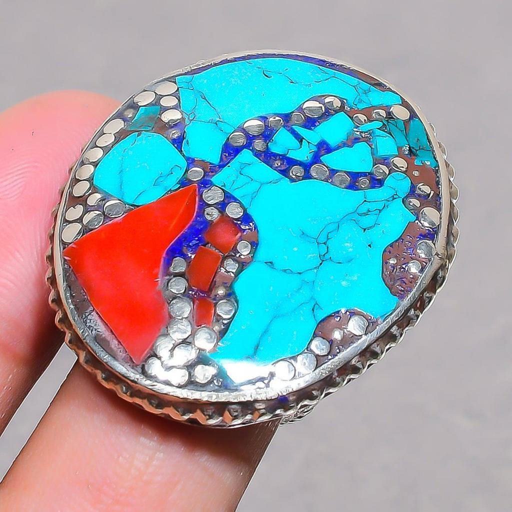 Turquoise Red Coral Gemstone Ring Handmade Tibetan Nepali Jewelry 9" NR 3356