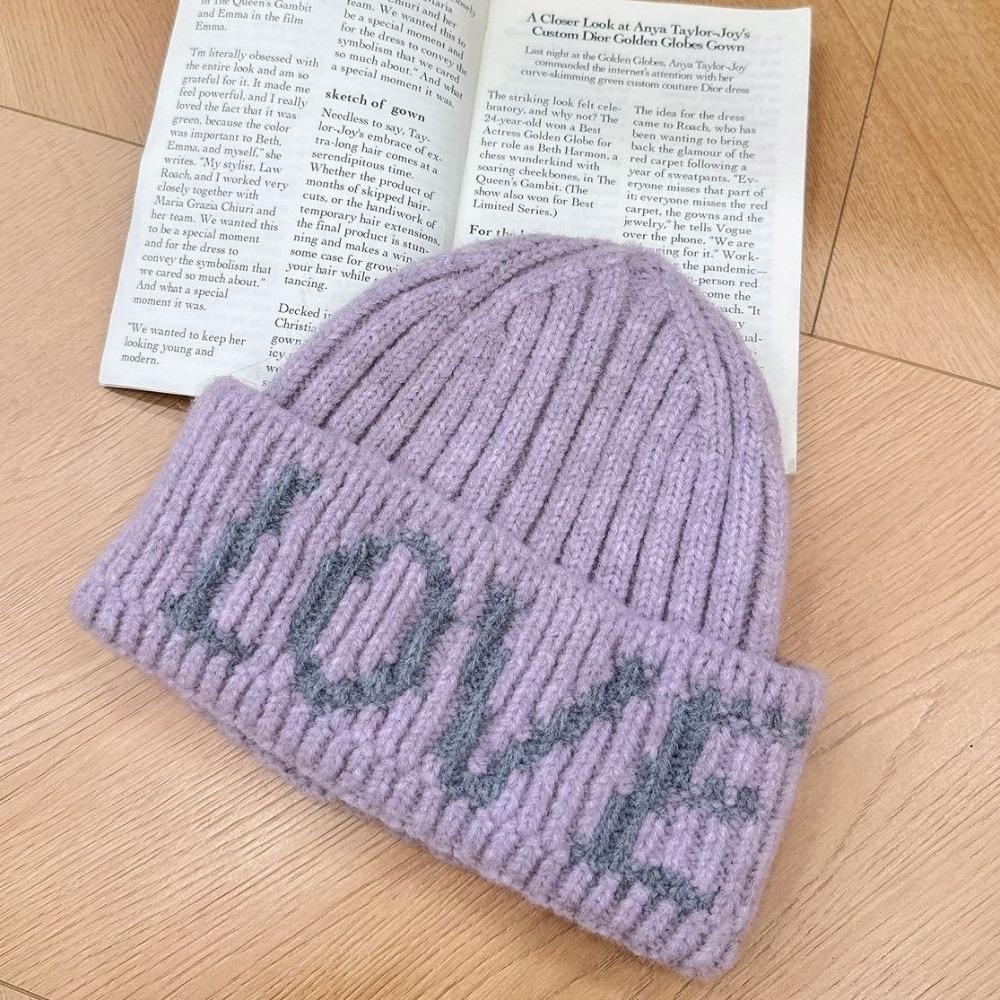 Stretchy Letter Embroidered Knitted Beanie Hat Thick Earflap Beanie Girls