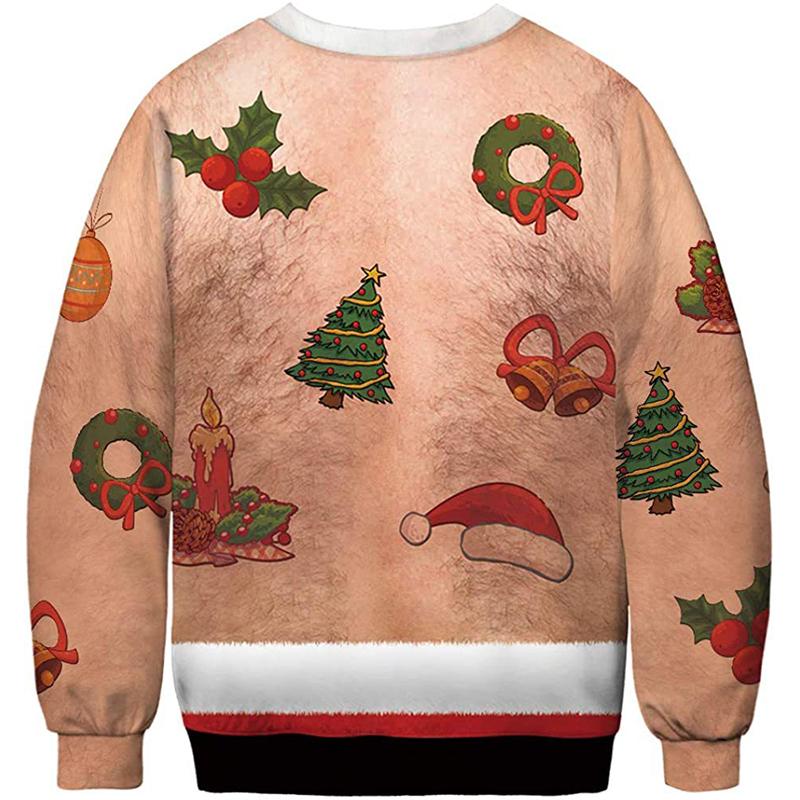 Women Men Funny Chest Hair Print Ugly Christmas Sweaters Jumpers Couple Autumn New Year Eve Holiday Party Xmas Sweatshirt Ropa