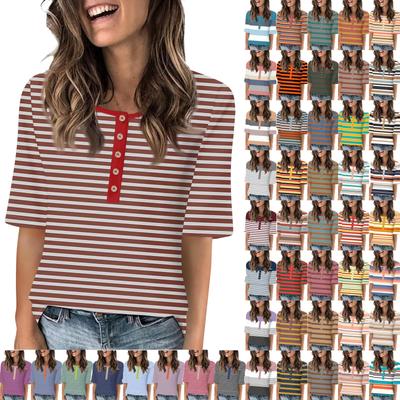 Рубашки для женщин, модные футболки с круглым вырезом и пуговицами, повседневные летние футболки с принтом, футболка, блузка, топы с короткими рукавами для женщин
