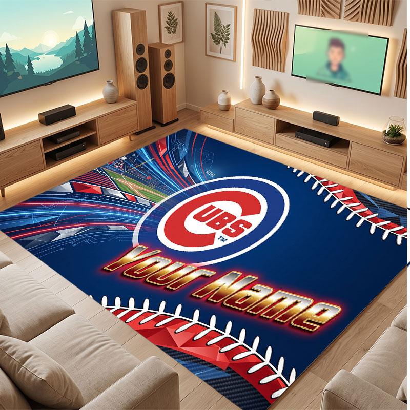 Chicago Cubs Personalized Crystal Velvet Carpet, Customized Name Text Soft Anti‑Slip Rug for Living Room Bedroom