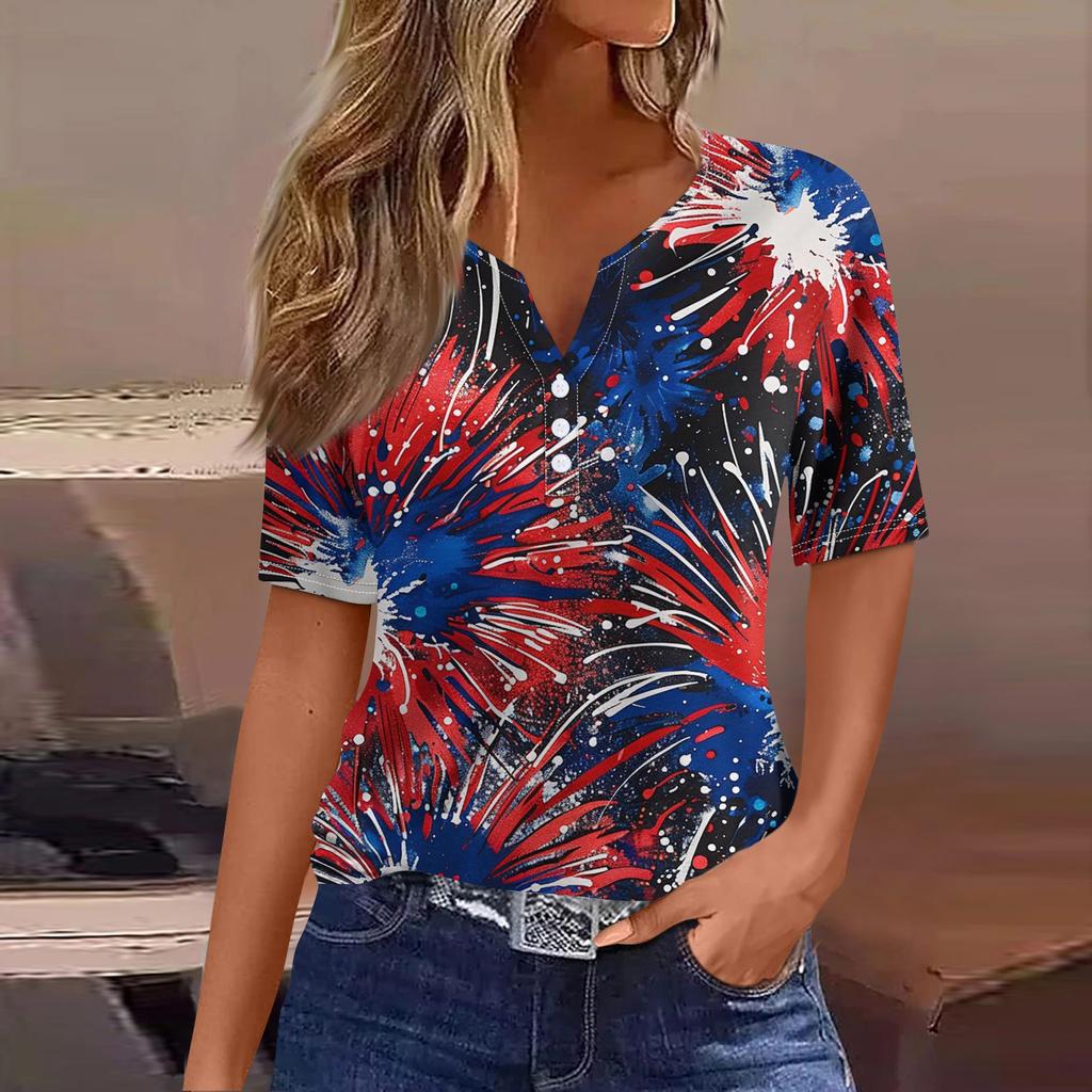Жен. Футболка Футболка День независимости С принтом Пуговицы С короткими рукавами Повседневные Выходные Мода Классический Классический V-образный вырез Обычный Топ